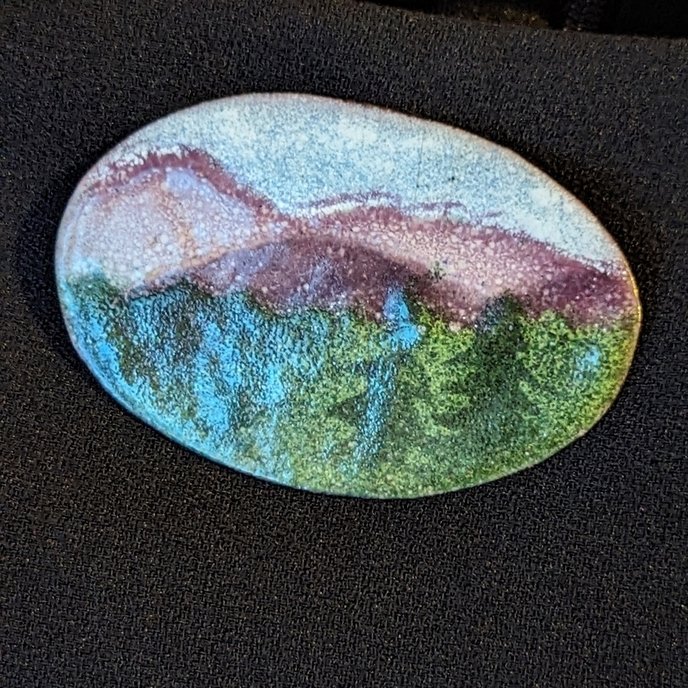 Copper Enamel Pin Brooch Oval 2.5" mountain pines scene artisan made 1970 VTG